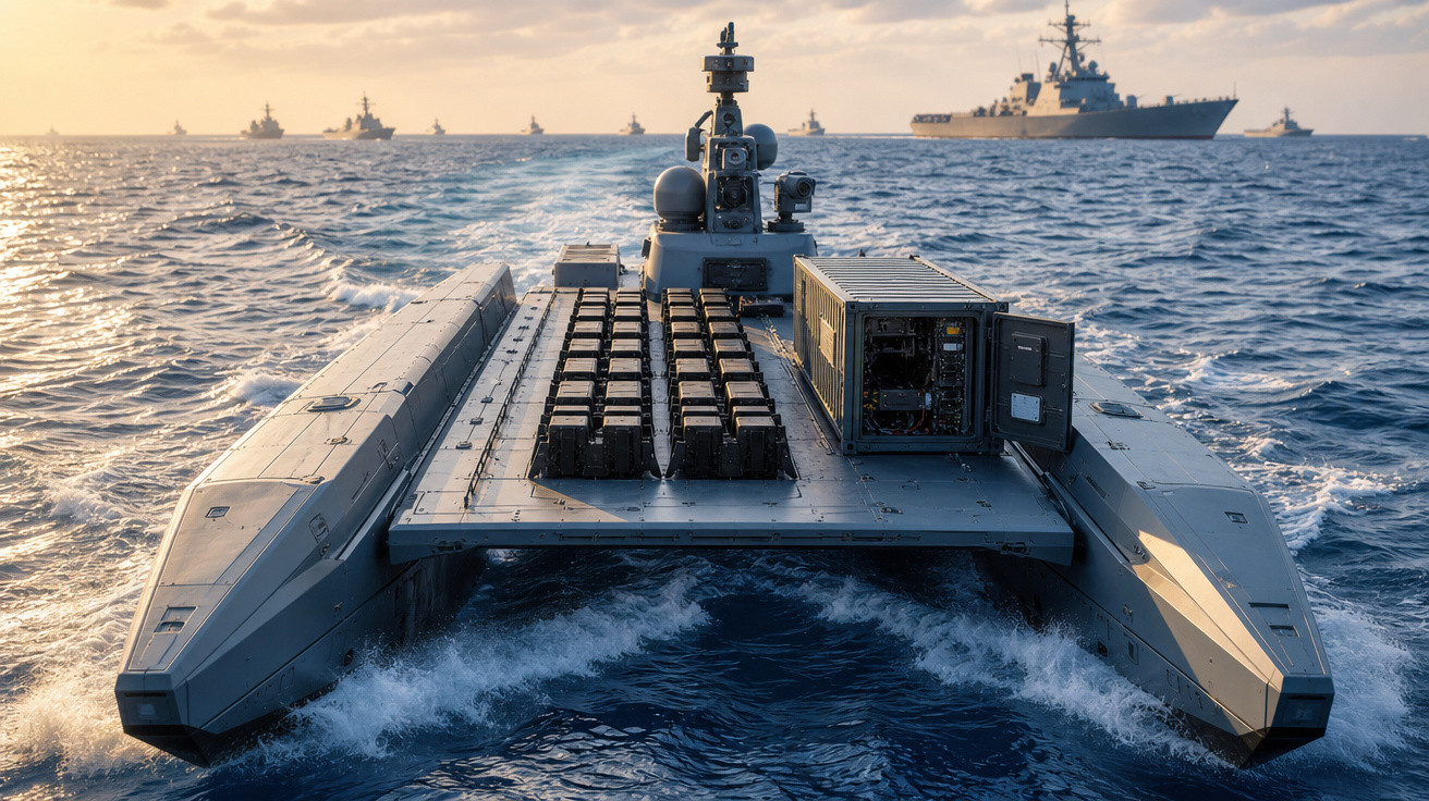 Veículo naval autônomo militar em mar aberto ao entardecer com navios de guerra ao fundo.