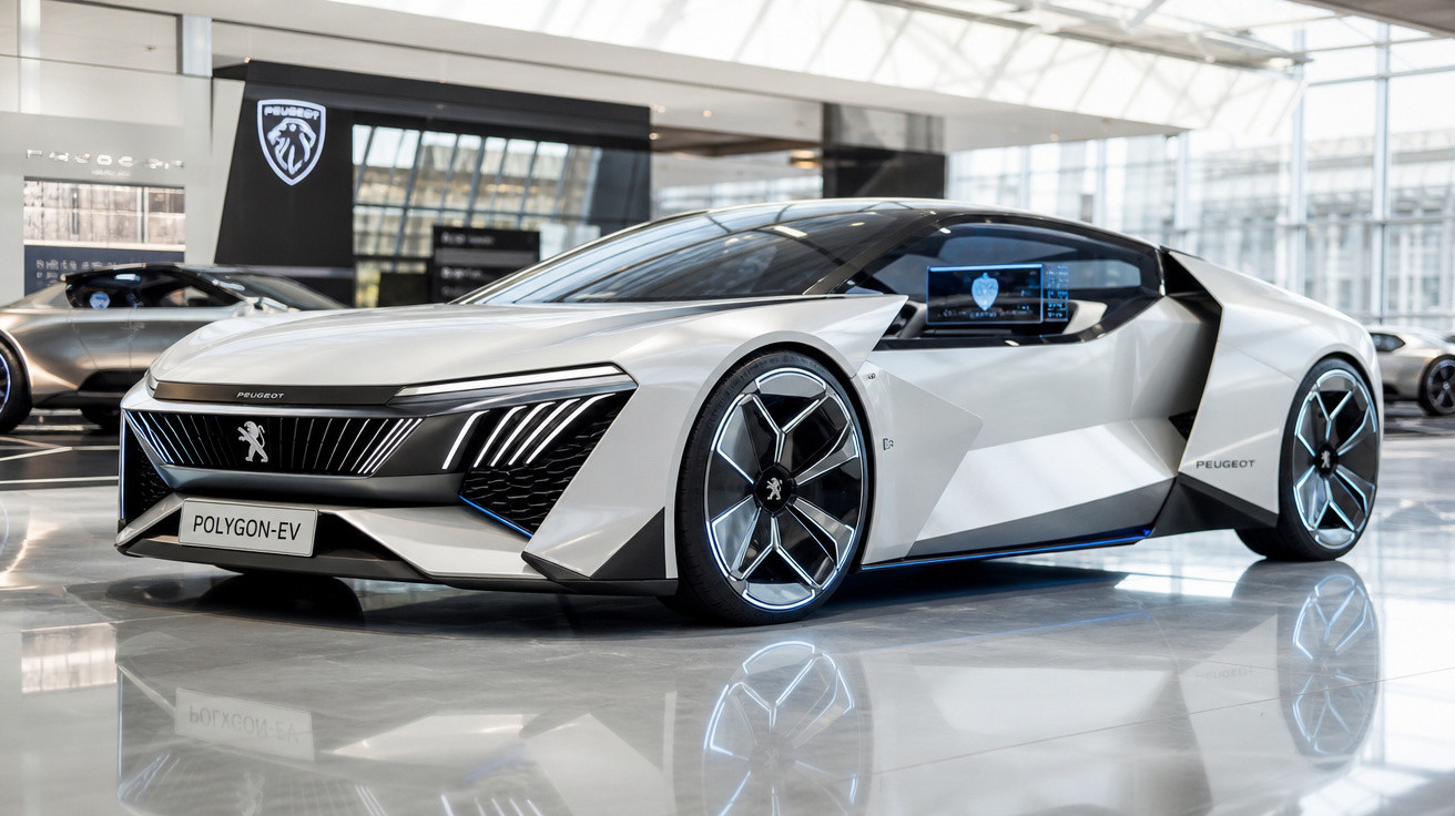 Carro elétrico conceito Peugeot Polygon-EV branco exposto em showroom moderno com teto de vidro.