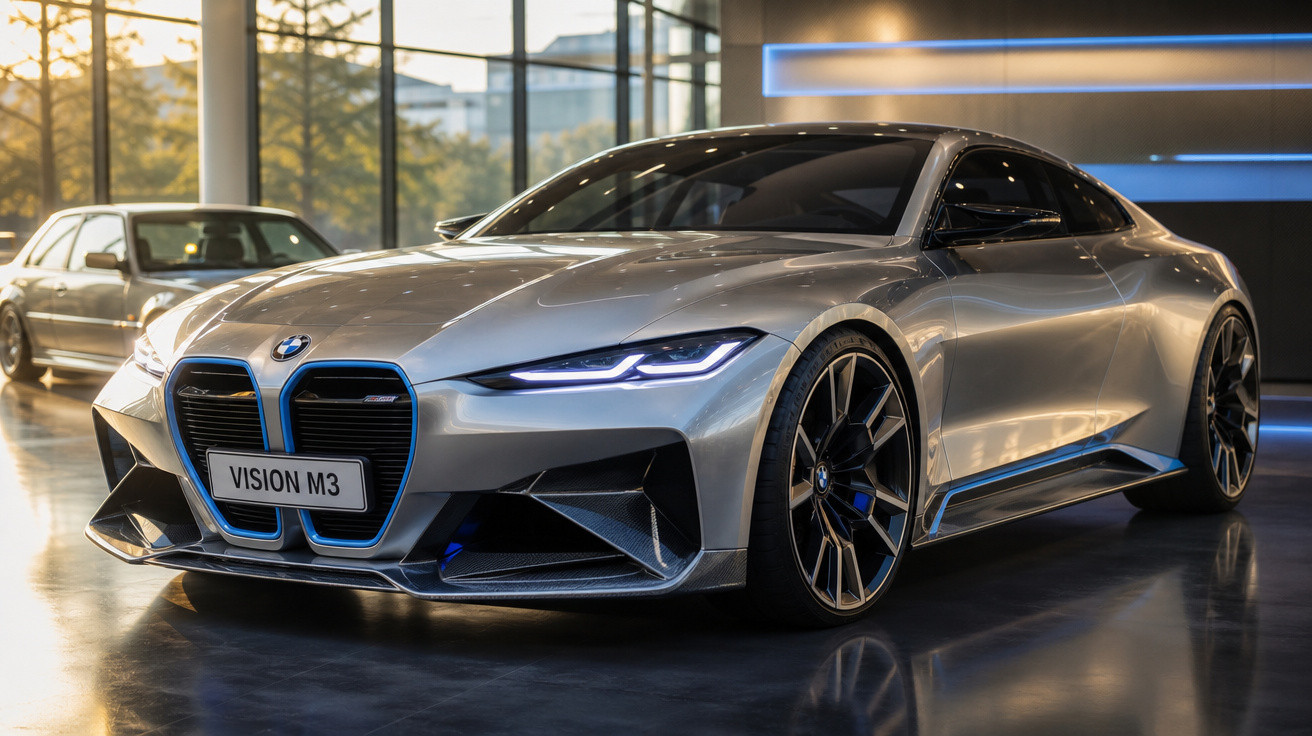 Carro esportivo BMW Vision M3 prata exposto em showroom moderno com iluminação em tons azuis.
