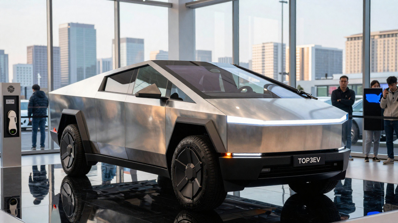 Carro elétrico futurista de aço inoxidável exibido em salão com pessoas ao fundo e edifícios visíveis pela janela.