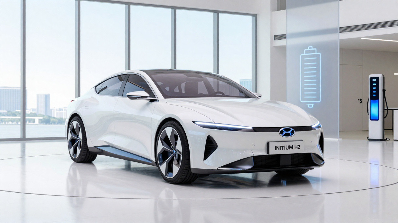 Carro elétrico branco futurista Hyundai INITIUM H2 em showroom com estação de carregamento e painel digital.