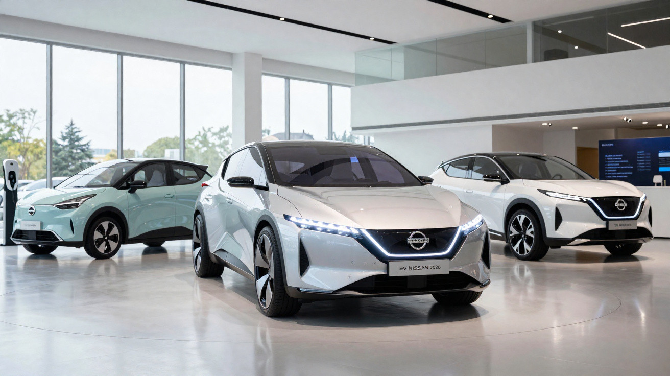 Três carros elétricos Nissan expostos em showroom moderno com grandes janelas e piso branco brilhante.