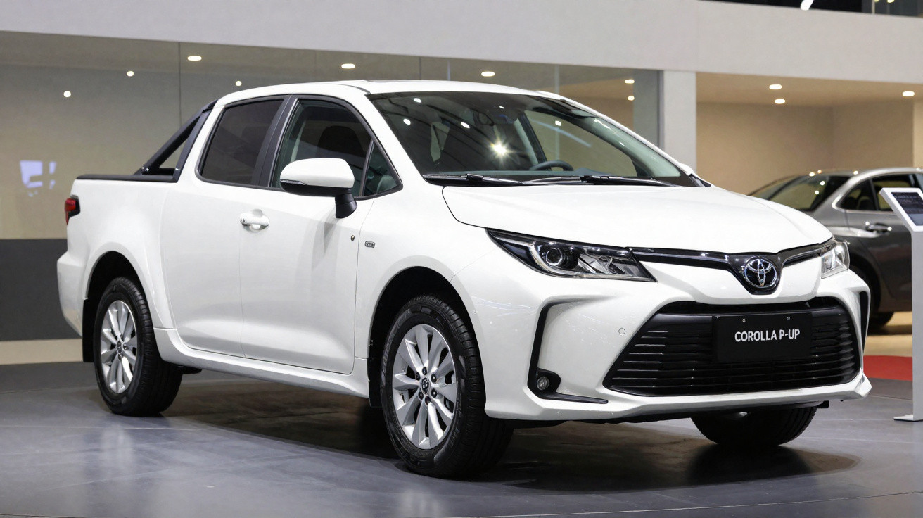 Picape Toyota Corolla P-UP branca em exposição, vista frontal direita em ambiente interno.