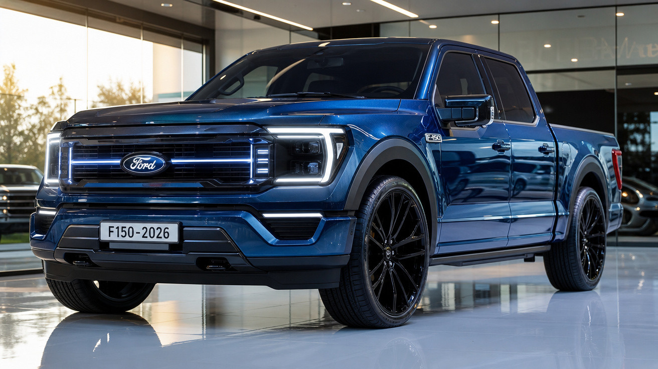 Picape Ford F-150 2026 azul, com faróis LED e rodas pretas, em showroom moderno.