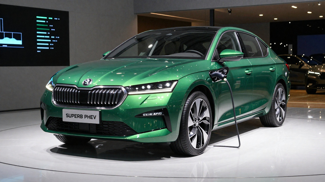 Carro elétrico verde Škoda Superb PHEV carregando em estação de exposição indoor.