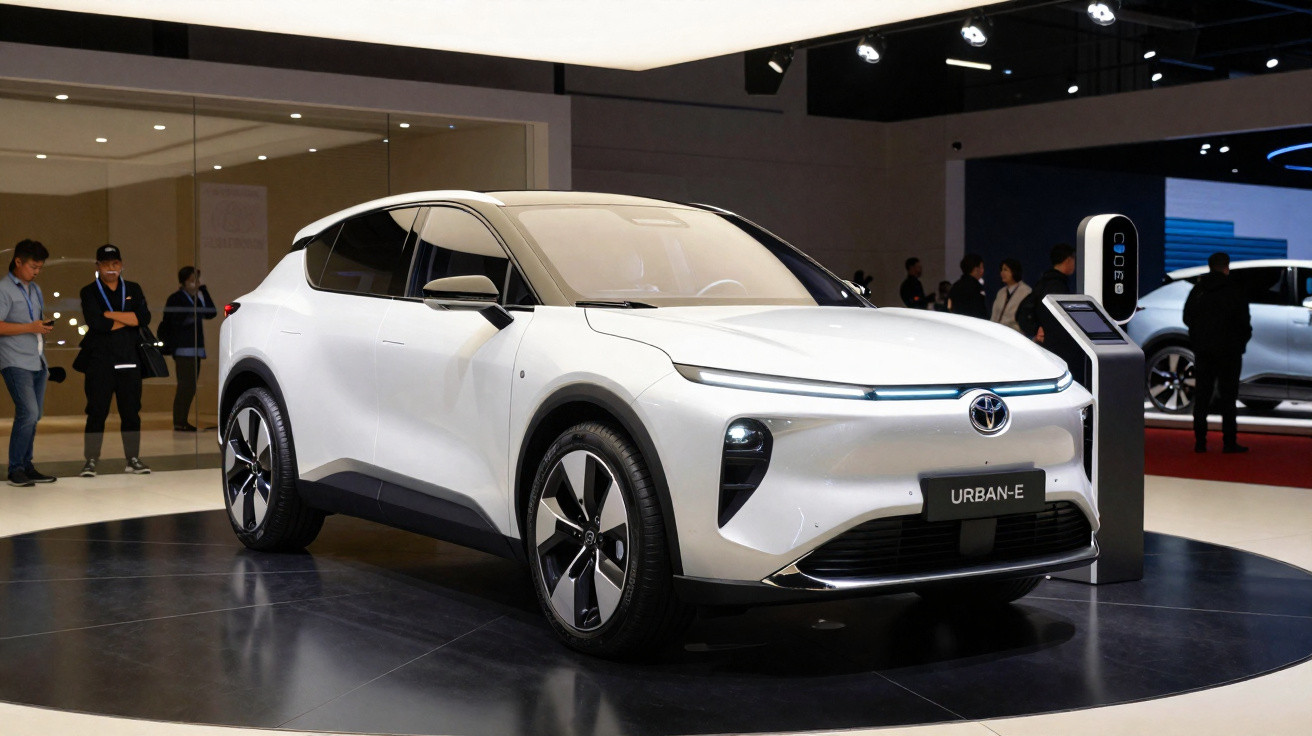 Carro elétrico branco Toyota Urban-E exposto em salão automotivo com pessoas ao fundo.