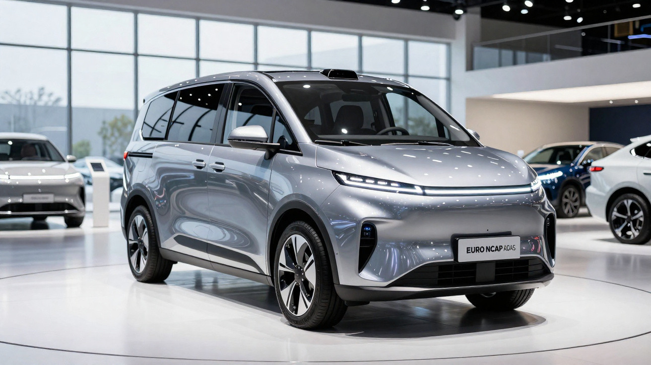 Carro elétrico cinza em exposição em salão automotivo com iluminação interna e outros veículos ao fundo.