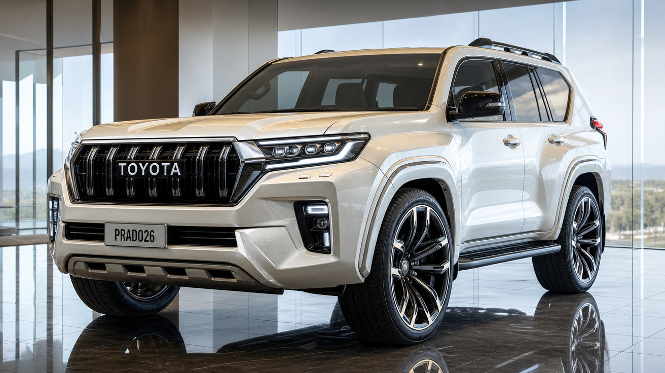 SUV Toyota Prado branco exibido em showroom com iluminação natural e piso de mármore escuro.