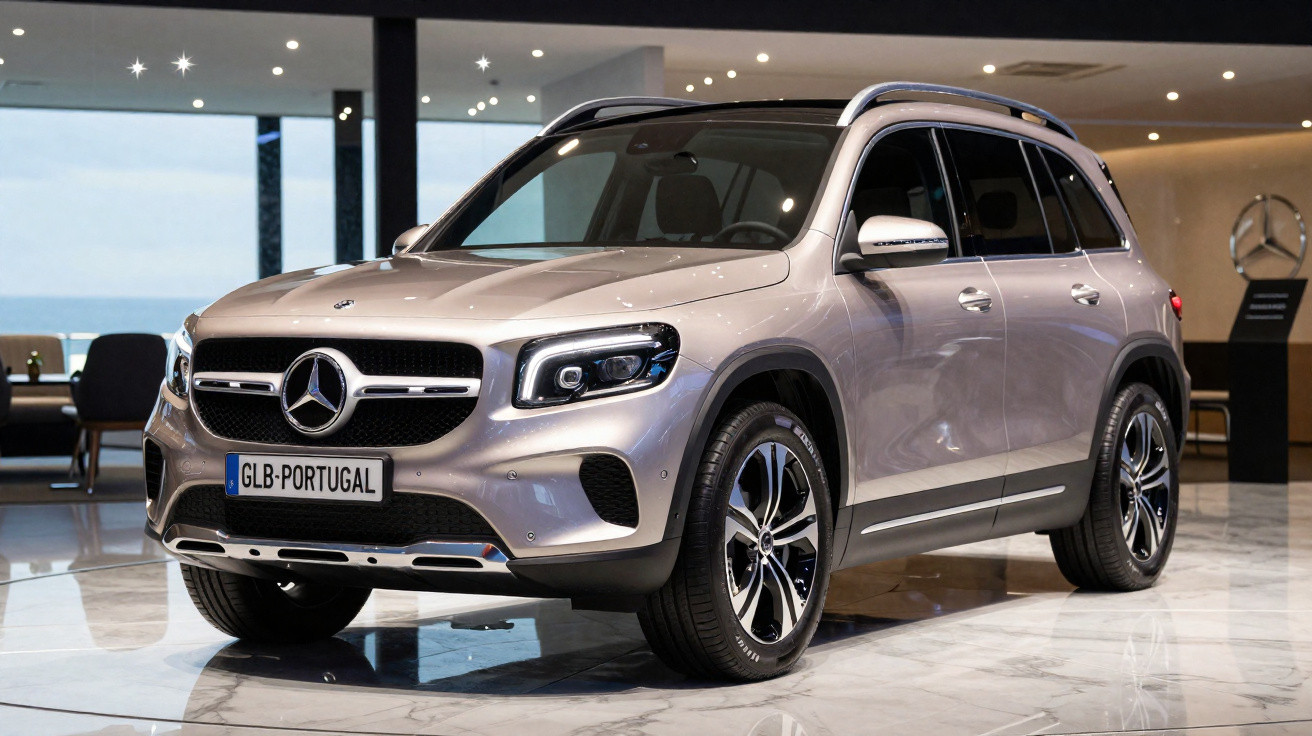 Carro SUV prata Mercedes-Benz GLB em showroom moderno com chão de mármore e iluminação interna.