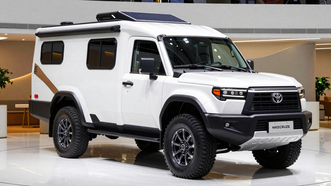 Veículo off-road branco com design robusto e placa frontal com nome HIKECRUZE em ambiente interno.