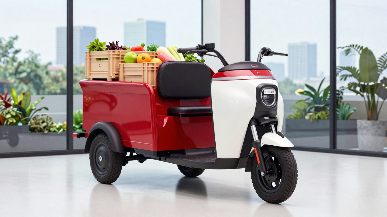 Triciclo elétrico vermelho e branco com caixas de frutas e verduras em ambiente interno moderno.