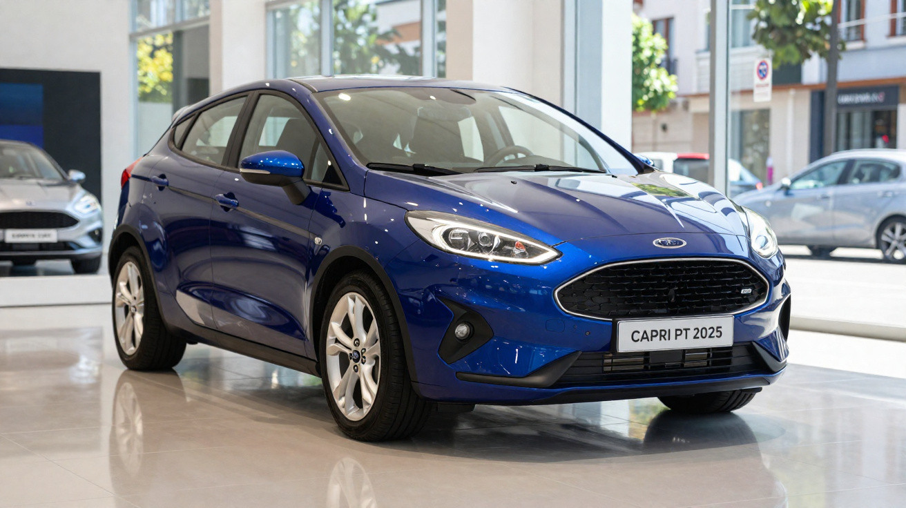 Carro azul modelo hatchback Ford Capri PT 2025 em showroom com piso brilhante e janelas grandes.