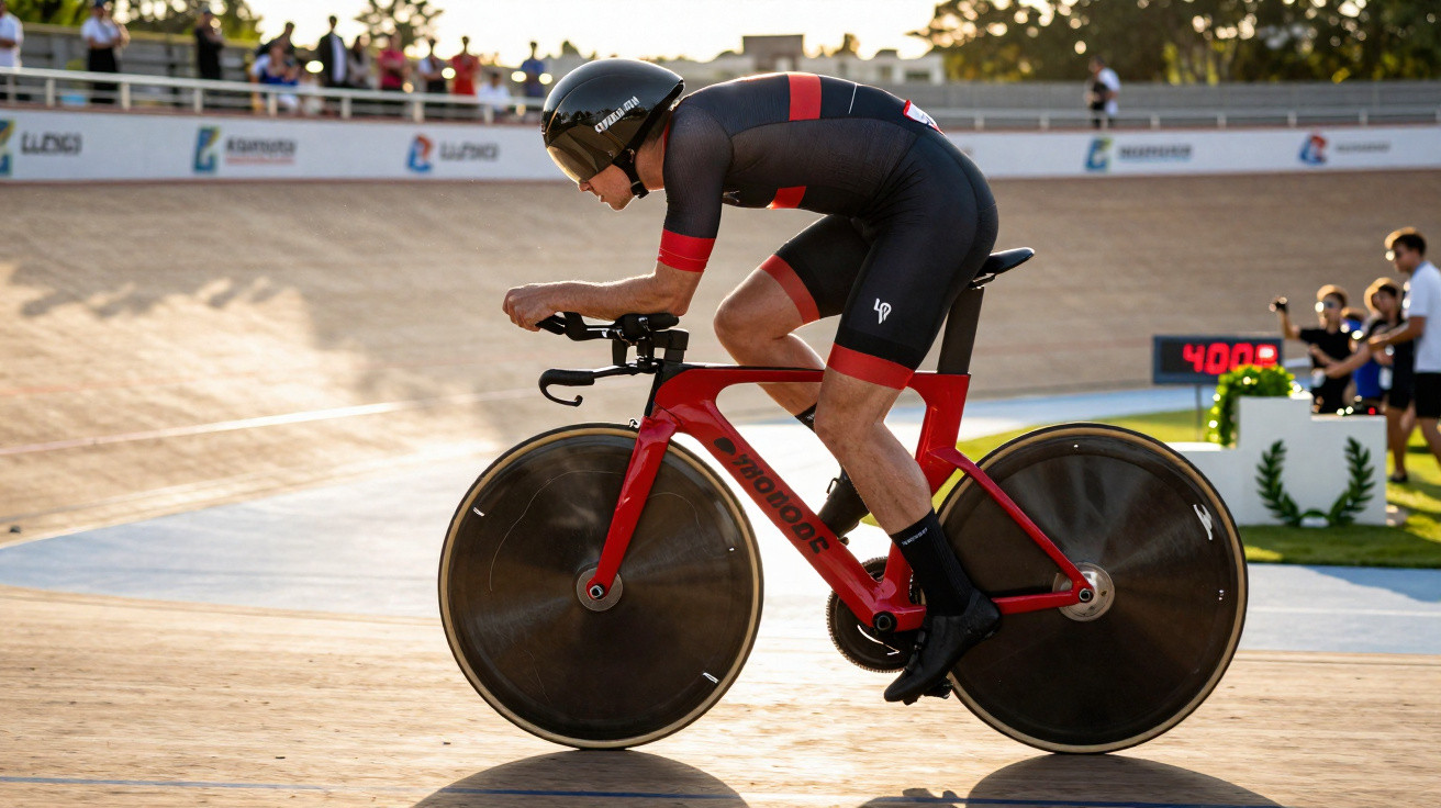 Ciclista usando capacete e roupa preta compete em pista de ciclismo com bicicleta vermelha aerodinâmica.