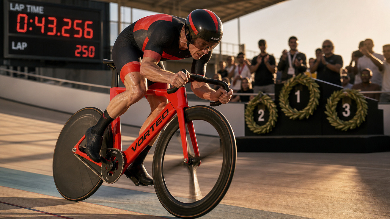 Ciclista em uniforme preto e vermelho competindo em pista de velódromo com placa de tempo ao fundo.