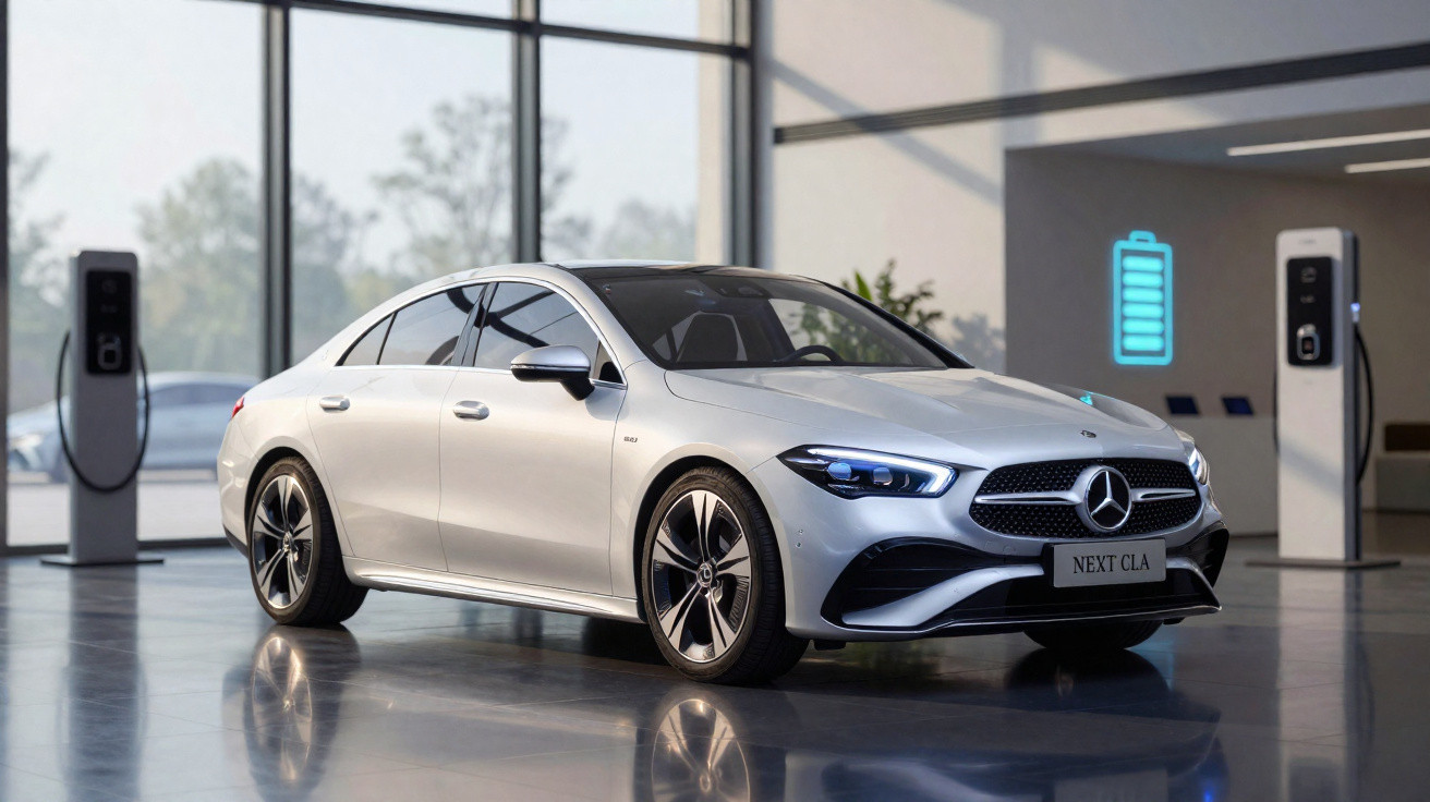 Carro Mercedes-Benz branco modelo Next CLA em showroom moderno com estação de carregamento elétrico.