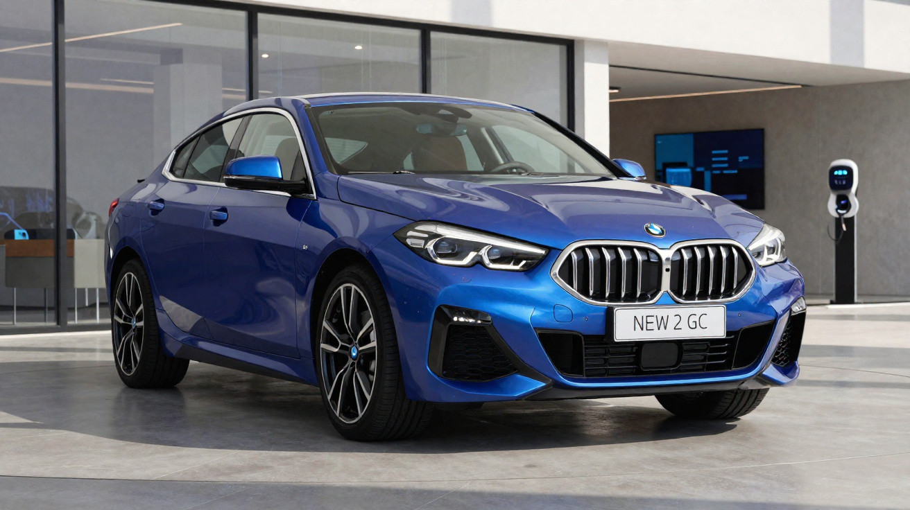 Carro BMW azul estacionado em área moderna com parede de vidro ao fundo e ponto de recarga elétrico.