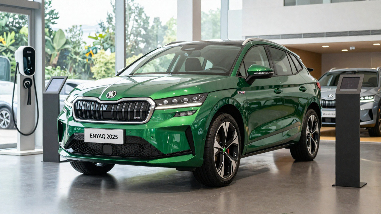 Carro elétrico verde Škoda Enyaq 2025 exposto em showroom com carregador ao lado.