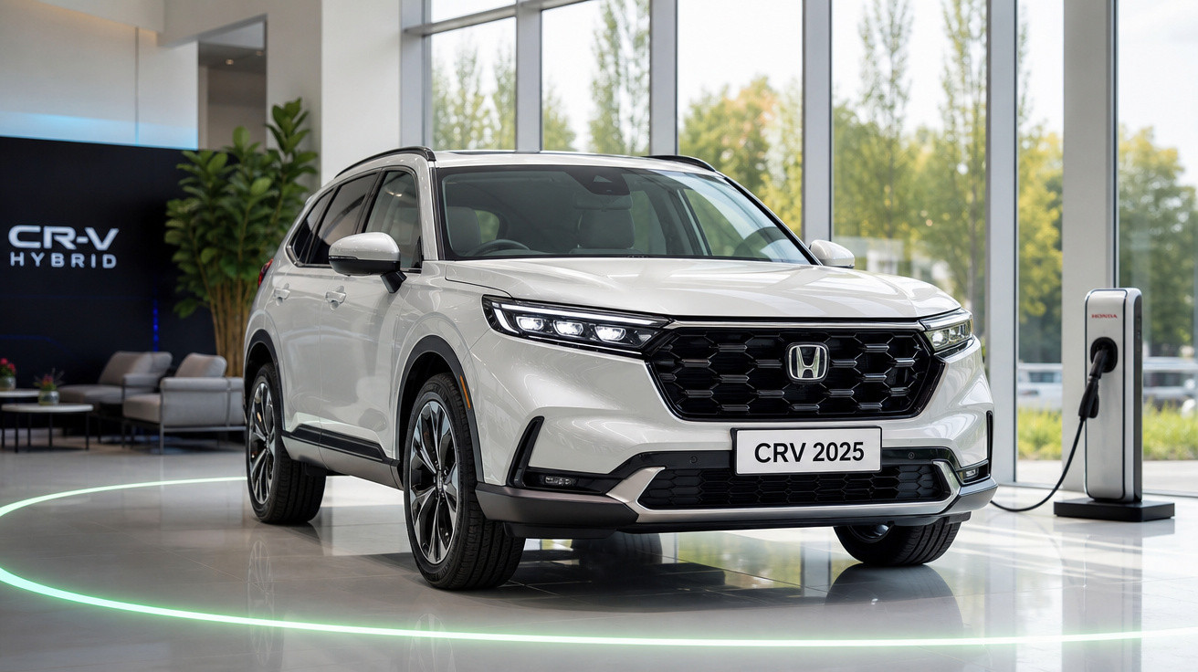 SUV branco Honda CR-V 2025 híbrido estacionado em showroom moderno com carregador elétrico conectado.