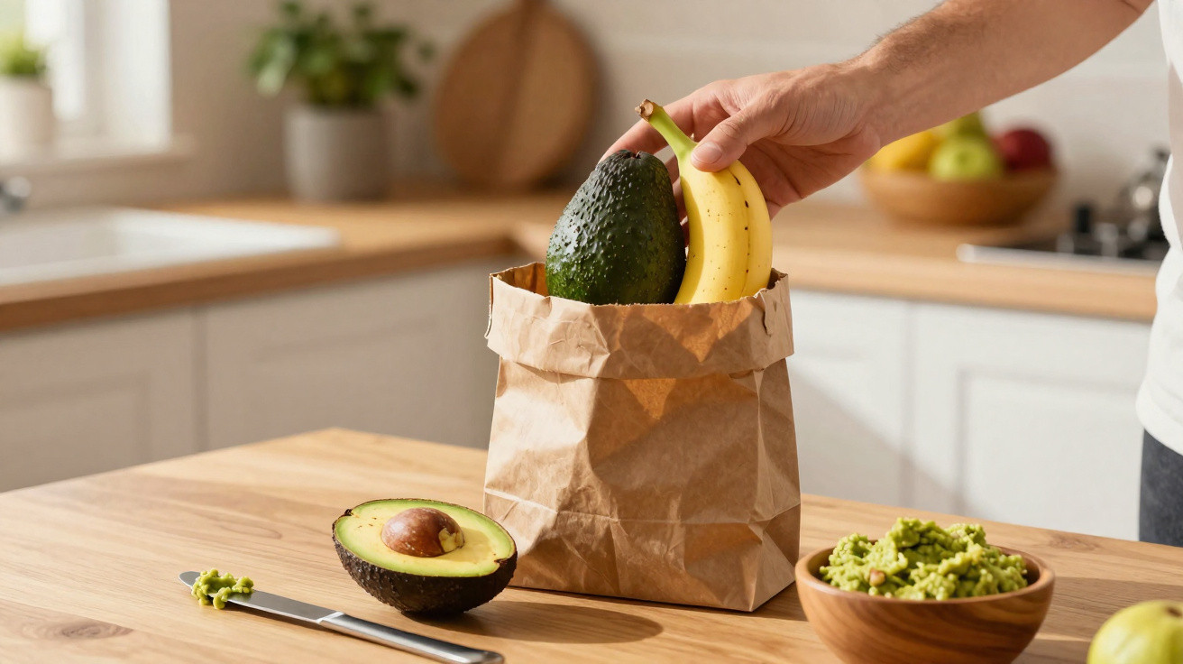 Mão colocando banana e abacate em sacola de papel com abacate cortado e guacamole em bancada de cozinha.