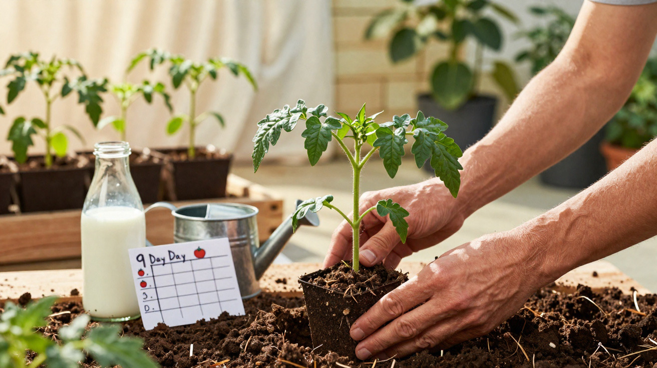 Mãos plantando muda de tomate em terra com regador, leite e tabela de cultivo ao fundo.
