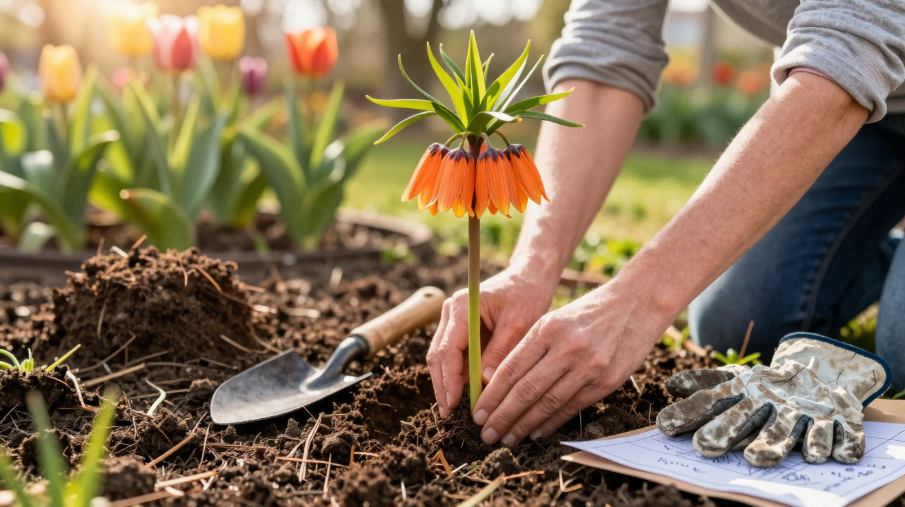 Pessoa plantando flor laranja com luvas, pá e jardim com tulipas ao fundo em solo úmido.