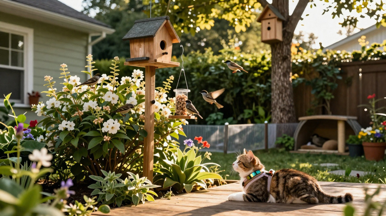 Gato observa pássaros voando perto de comedouro em jardim florido ao entardecer.