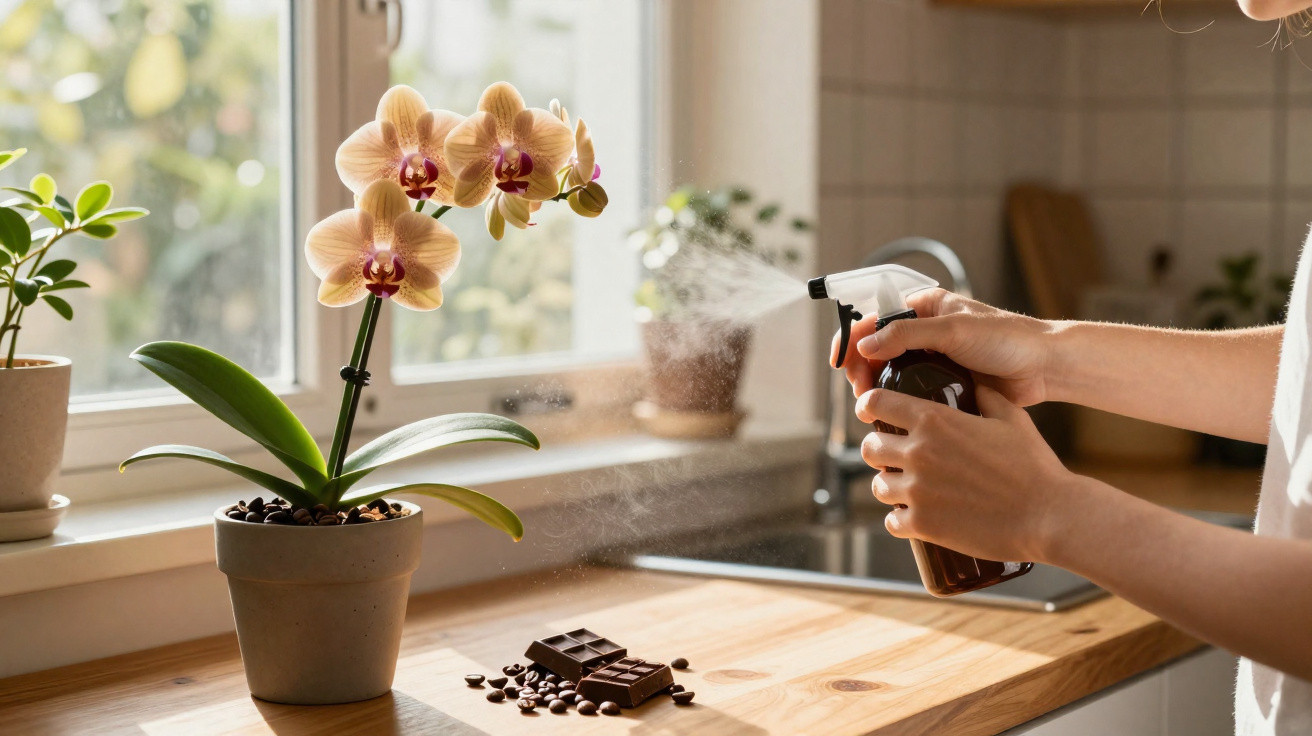 Pessoa borrifando água em orquídea em vaso perto da janela, sobre bancada com pedaços de chocolate e grãos de café.