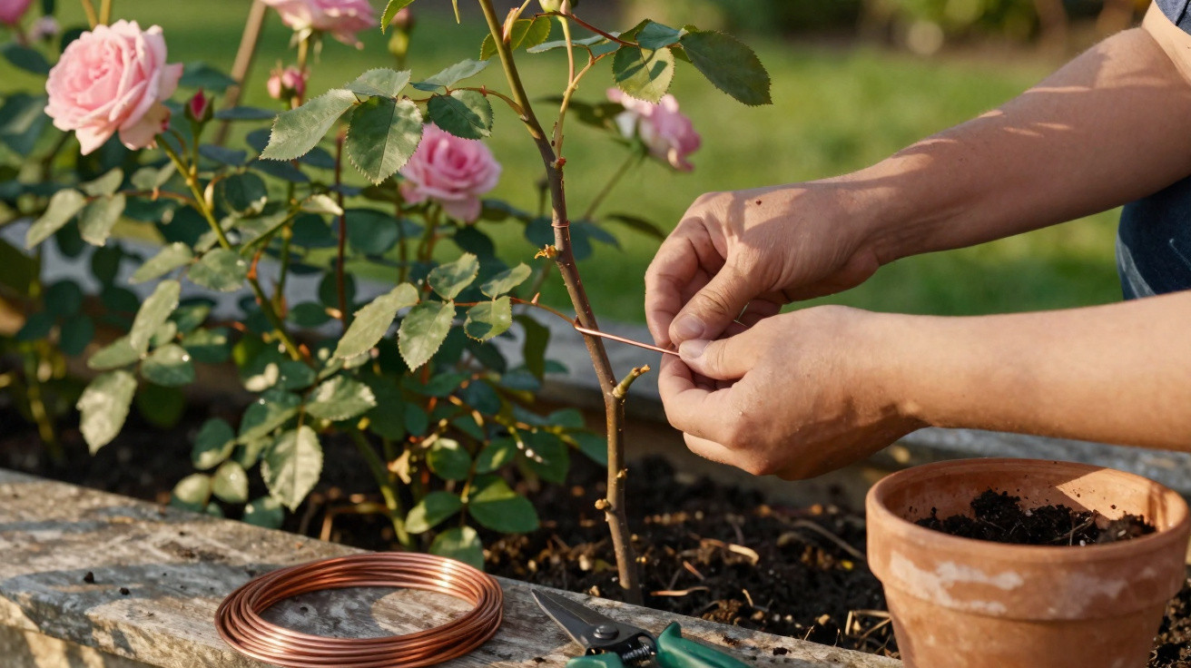 Mãos amarrando fio em caule de rosa para suporte, com roseira florida e ferramentas ao lado.