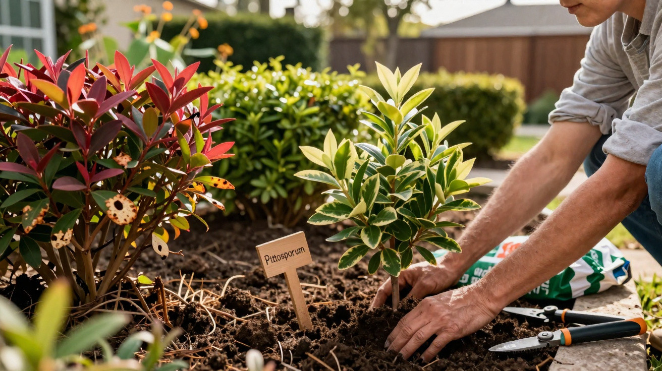Pessoa plantando arbusto Pittosporum em jardim com outras plantas coloridas ao redor.