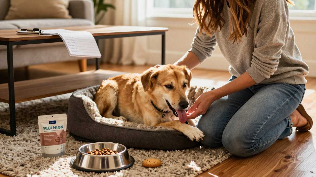 Pessoa alimentando cachorro em caminha, com pote de ração e biscoito no tapete ao lado.