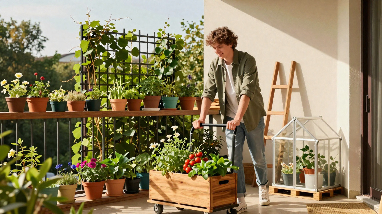 Jovem cuidando de plantas em vaso e jardineira de madeira em varanda ensolarada.