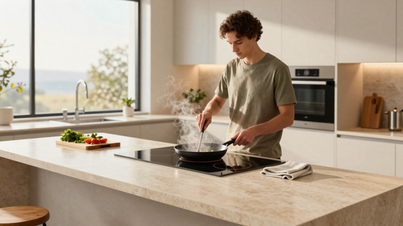 Jovem cozinhando em frigideira com vapor em cozinha moderna branca e iluminada durante o dia.