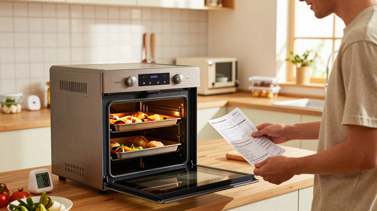 Pessoa segurando receita enquanto assa legumes e pães em forno elétrico de bancada em cozinha iluminada.