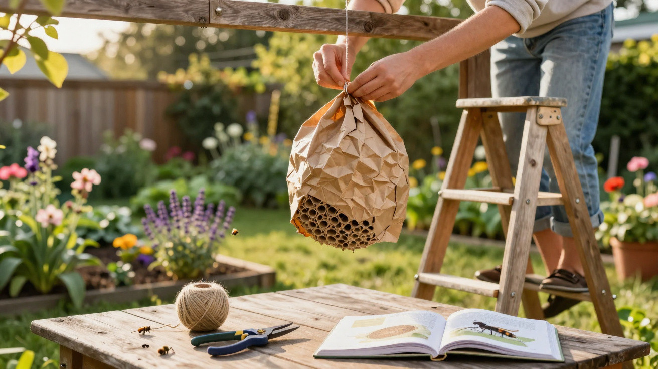 Pessoa pendura um nincho para abelhas feito de papel em um jardim florido, com livro aberto e ferramentas na mesa.