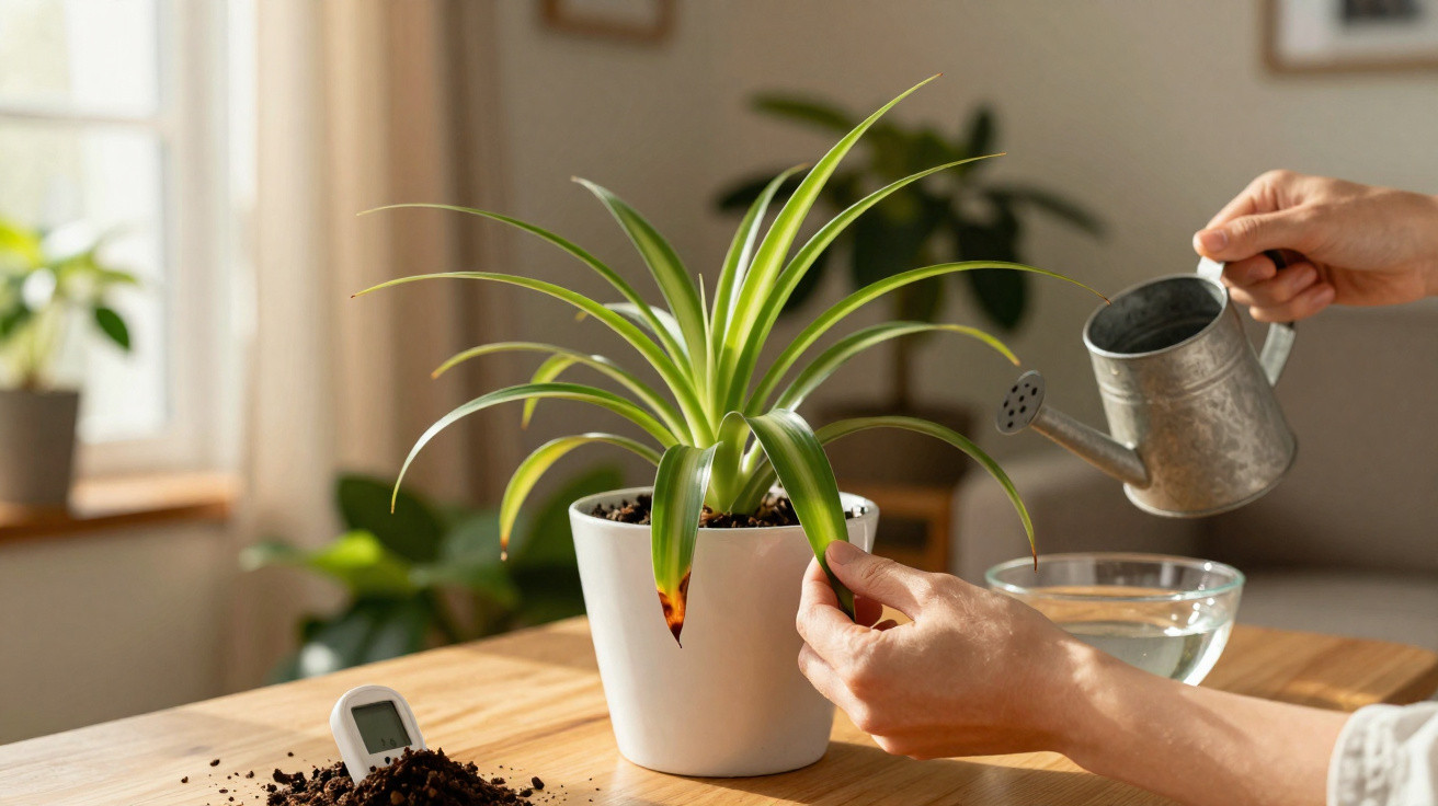 Pessoa regando planta em vaso branco sobre mesa de madeira em ambiente interno iluminado.