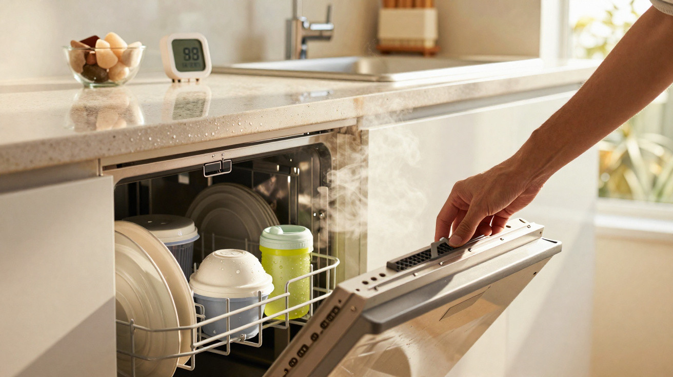 Mão abrindo lava-louças com pratos e copos no interior, vapor saindo em cozinha iluminada.