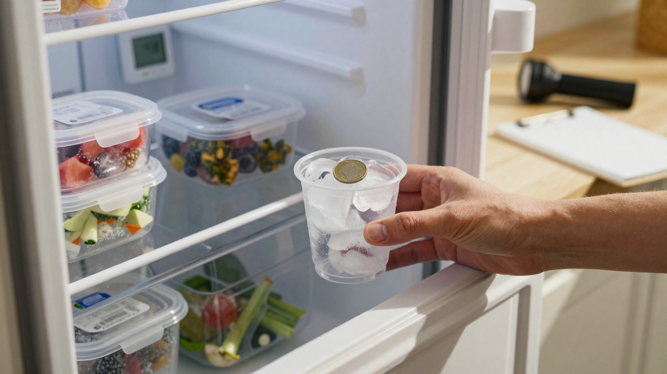 Mão segurando copo plástico com gelo e moeda dentro de geladeira com potes de alimentos.