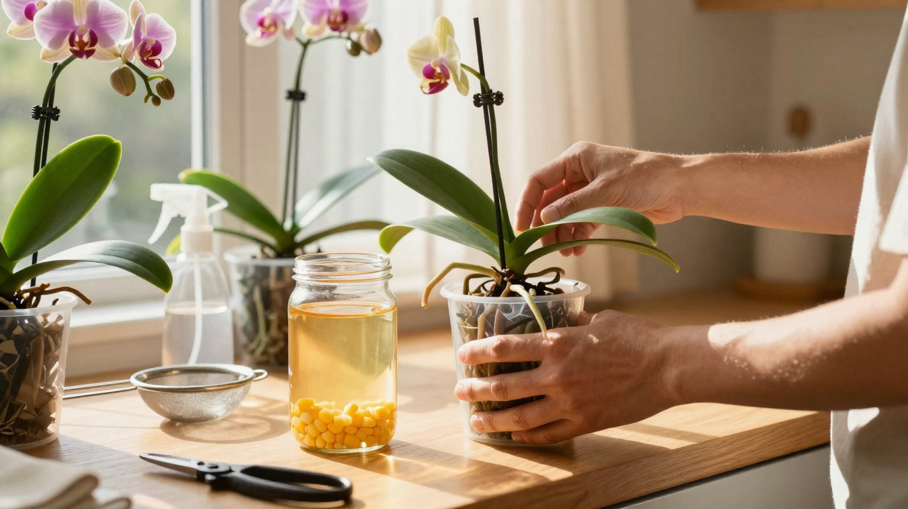 Pessoa cuidando de orquídea em vaso transparente sobre bancada com jarra, tesoura e spray.