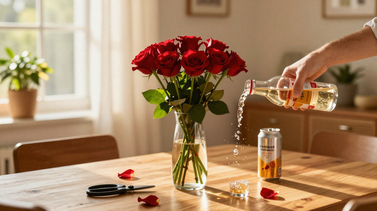 Mão derramando bebida em copo na mesa com vasos de rosas vermelhas, tesoura e pétalas espalhadas.