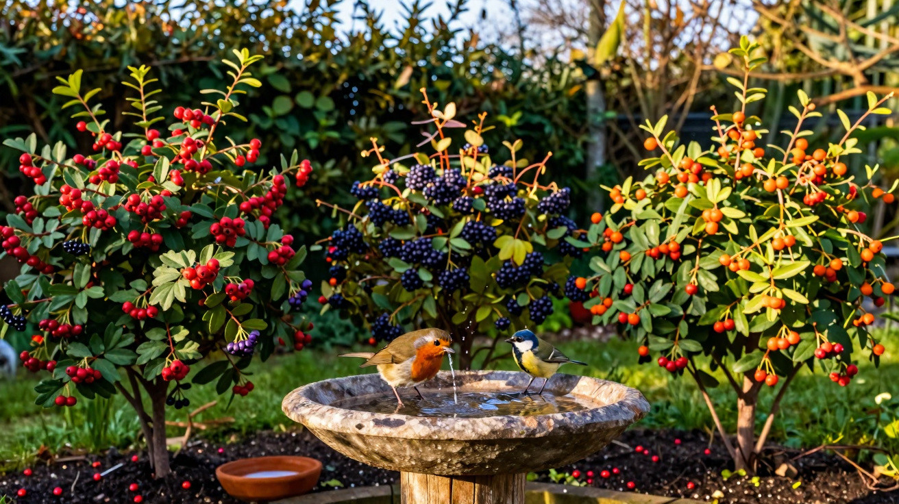 Pássaros bebendo água em fonte de jardim com arbustos floridos e frutos vermelhos e roxos ao fundo.
