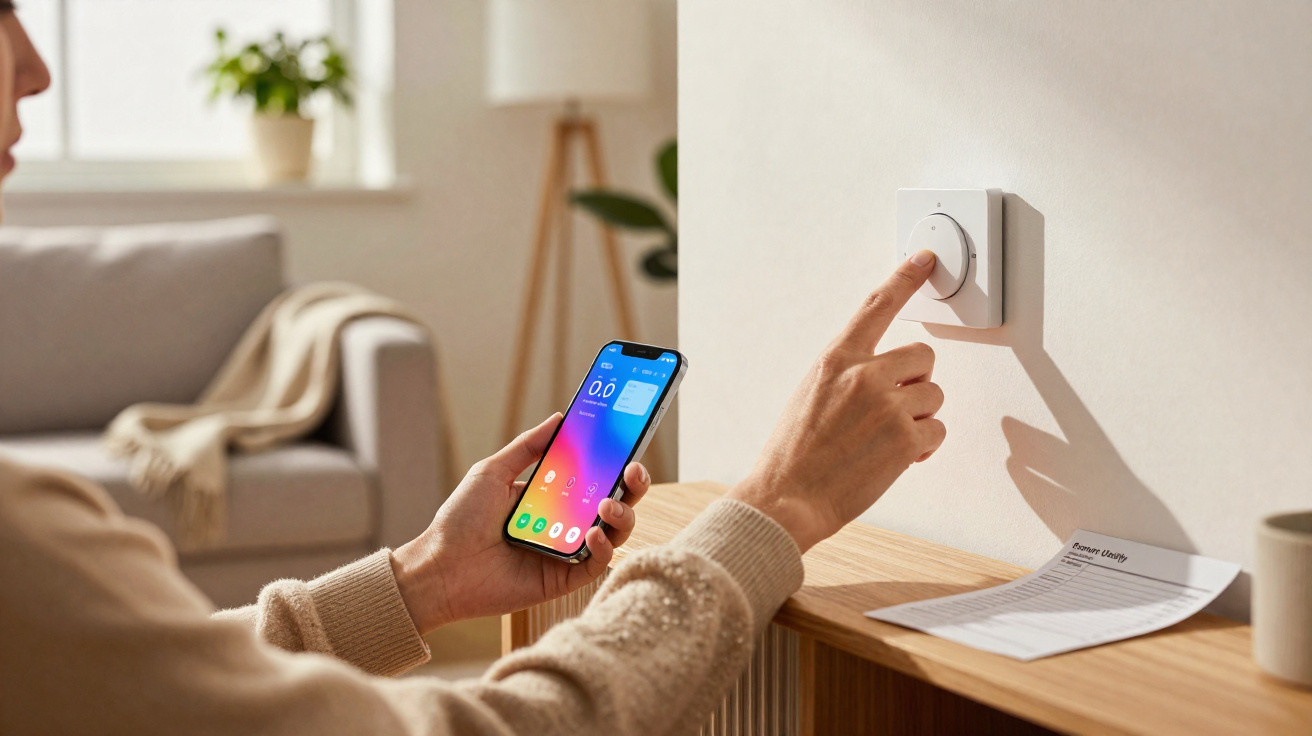 Pessoa ajustando controle de luz na parede enquanto segura smartphone com app aberto.