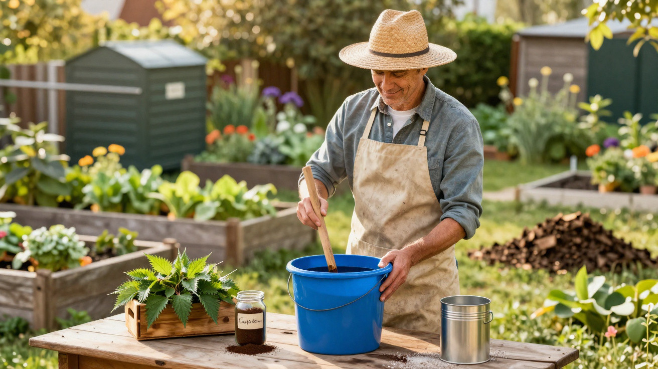 Homem com chapéu misturando terra em balde azul em jardim com canteiros e plantas ao fundo.
