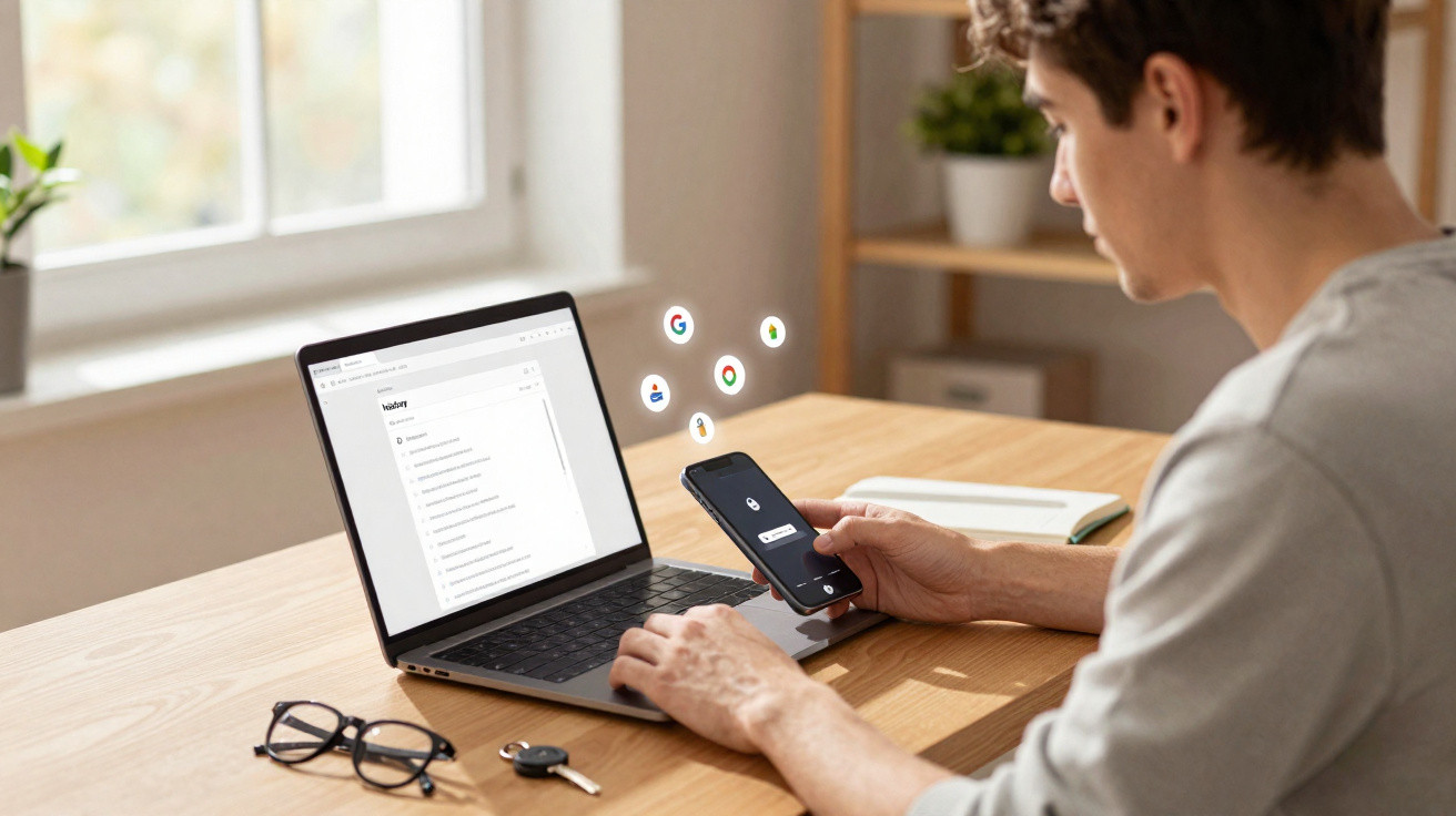 Homem sentado à mesa usando smartphone e laptop com ícones de apps flutuando entre eles.