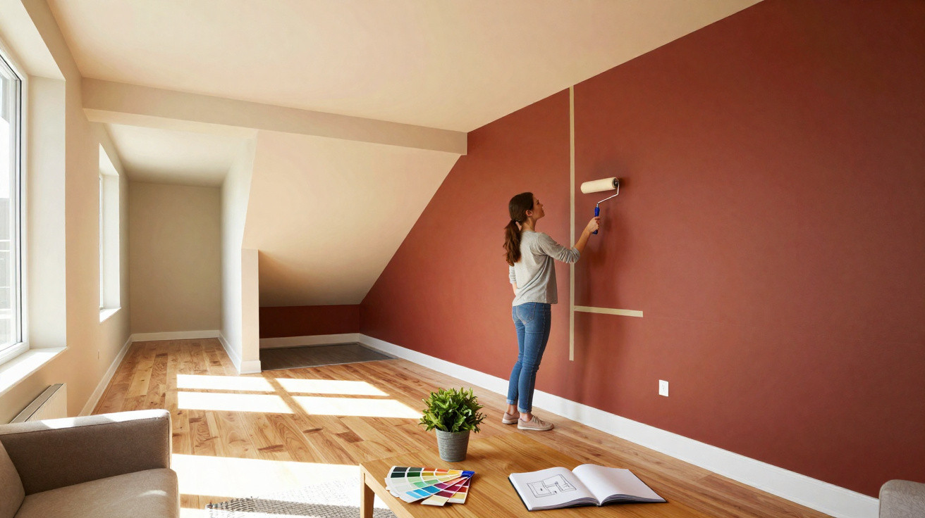 Mulher pintando parede marrom em sala clara com madeira, amostras de tinta e planta sobre mesa.