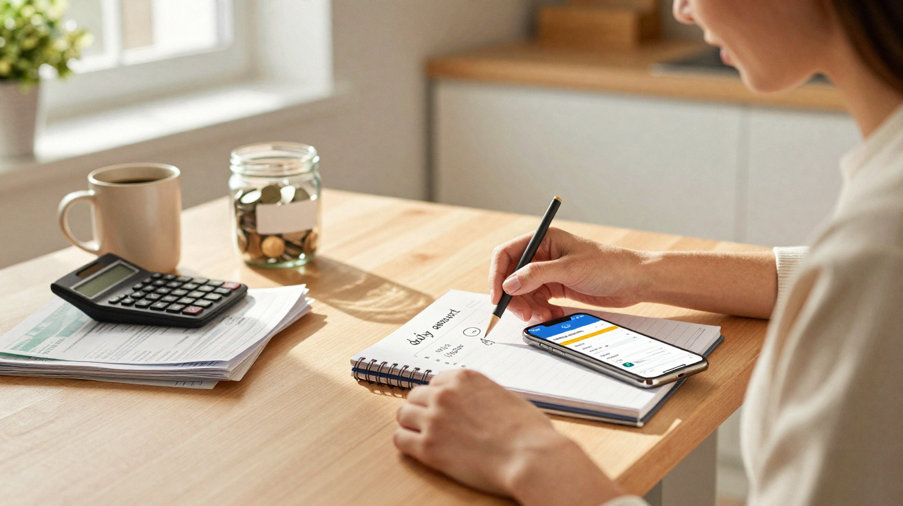 Pessoa anotando planejamento financeiro em caderno com celular, calculadora, jarro de moedas e caneca na mesa.