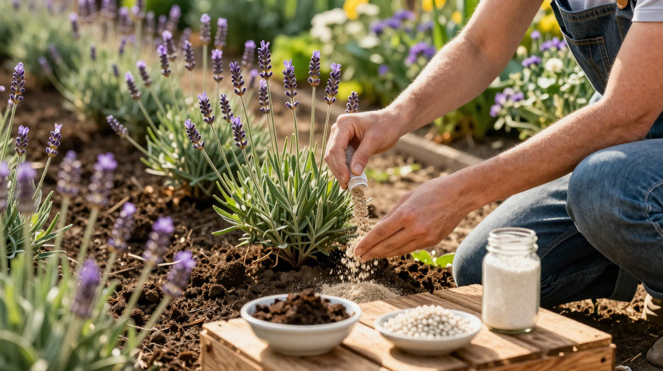 Pessoa aplicando fertilizante em plantas de lavanda em jardim ensolarado, com potes de adubo no chão.
