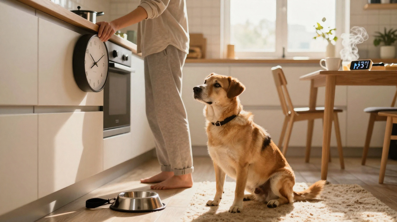 Cachorro sentado no tapete olhando para pessoa na cozinha segurando relógio perto do fogão.