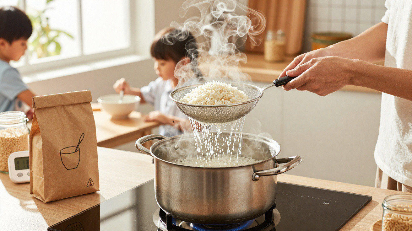 Pessoa escorrendo arroz cozido em panela enquanto duas crianças comem ao fundo na cozinha.