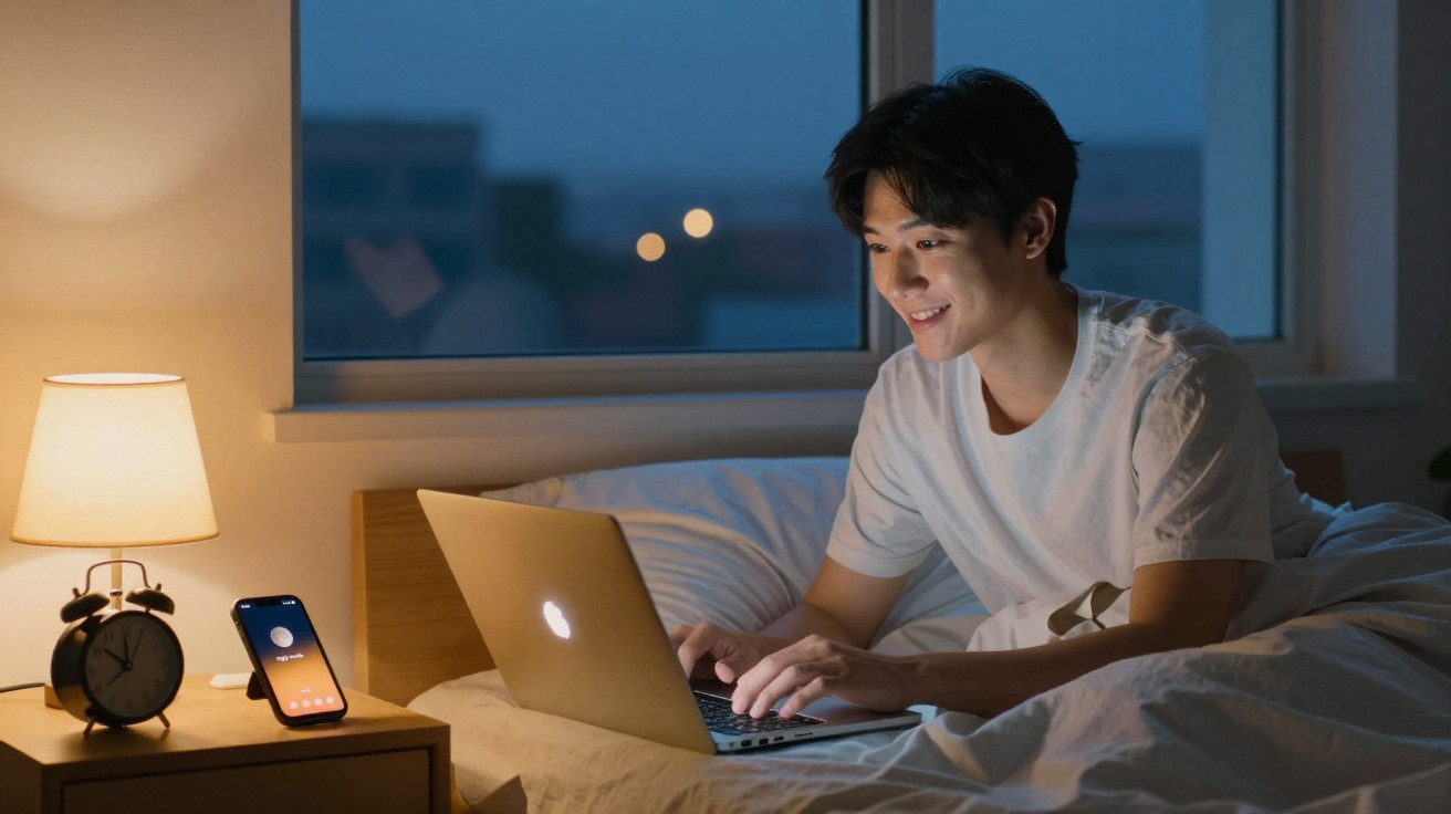 Jovem sorridente usando laptop deitado na cama ao lado de mesa com abajur, relógio e celular.