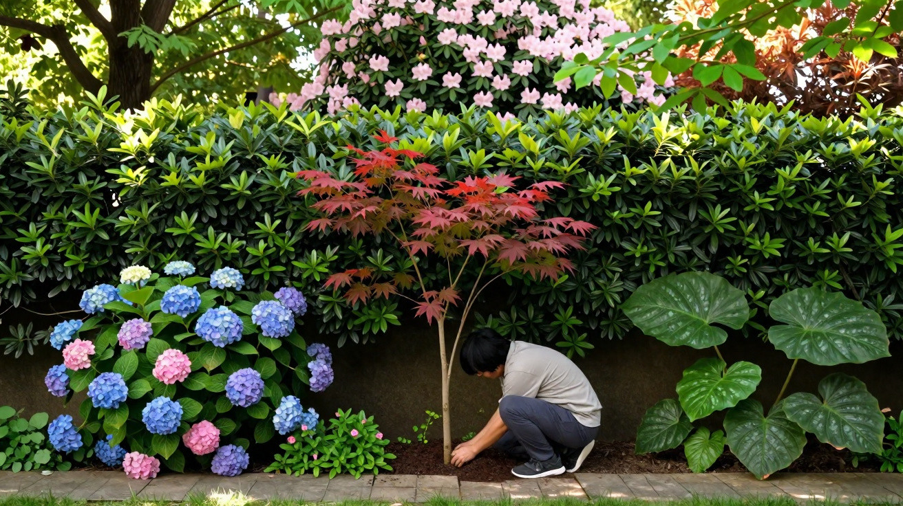 Pessoa agachada cuidando de plantas em jardim com hortênsias, árvore vermelha e folhas grandes verdes.